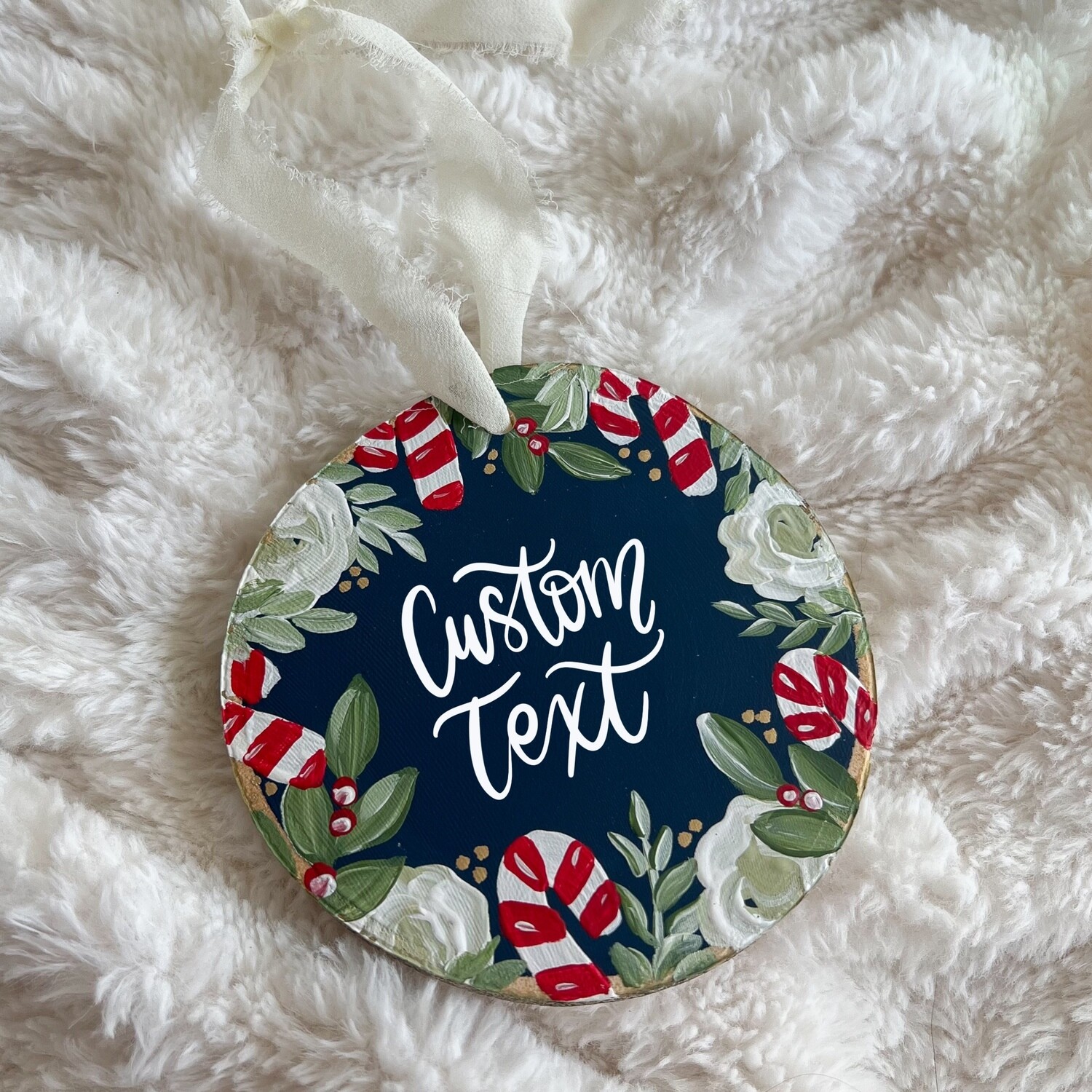 Candy Cane + White Floral *Custom Text* Large Ornament Candy Cane + White Floral *Custom Text* Large Ornament