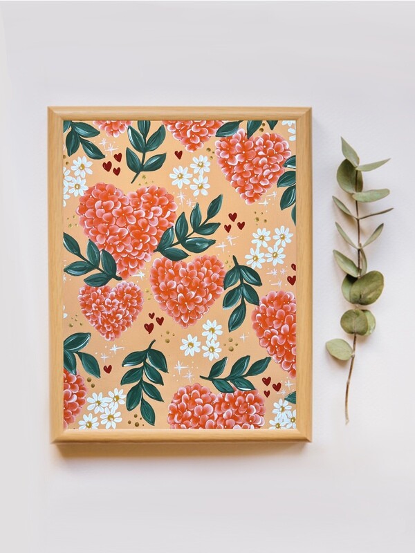 #93 Orange Hydrangea Heart Floral Print