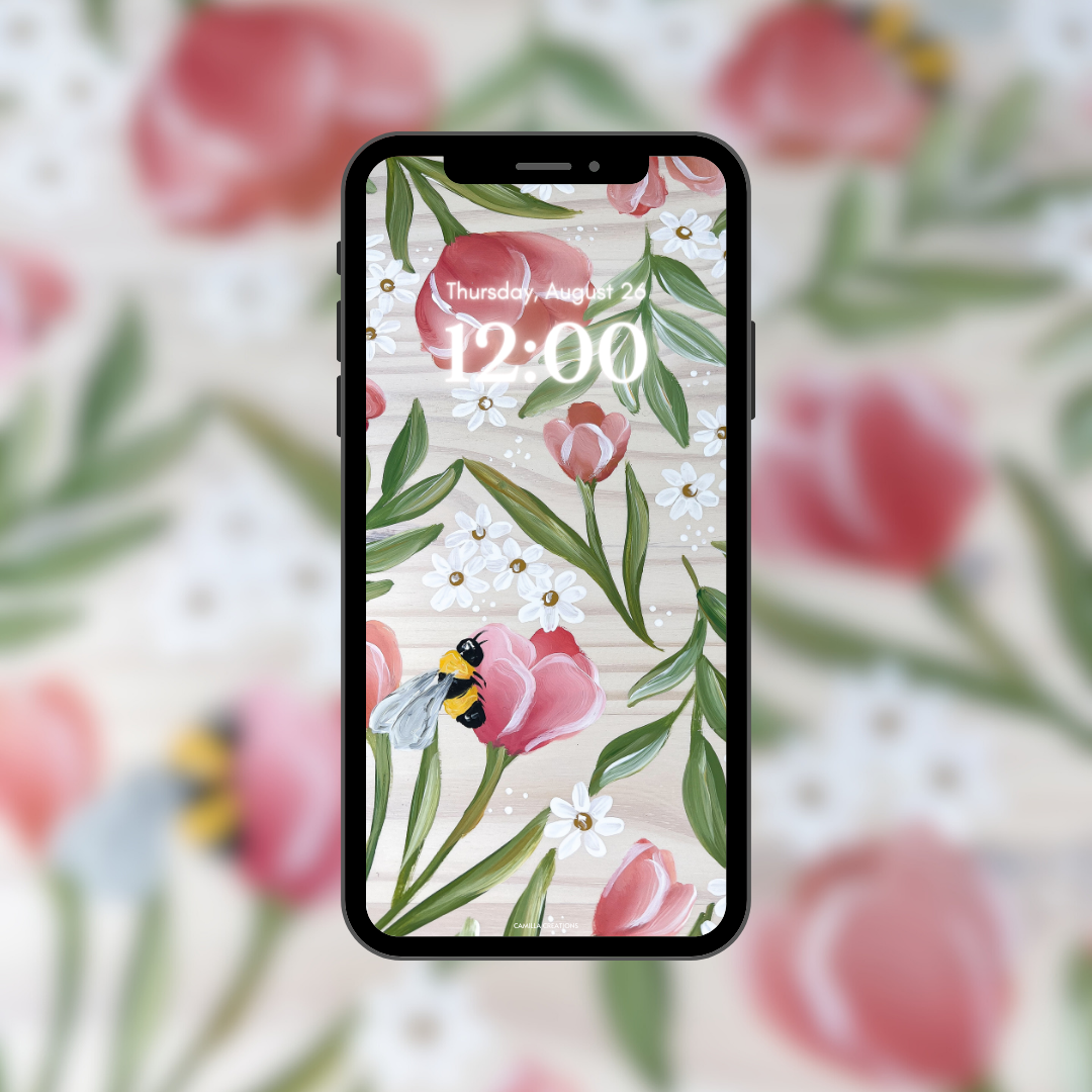 #68 Pink Tulip Bee Background/Wallpaper