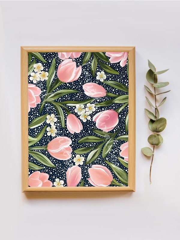 #96 Dotted Coral + Navy Tulip Floral Print