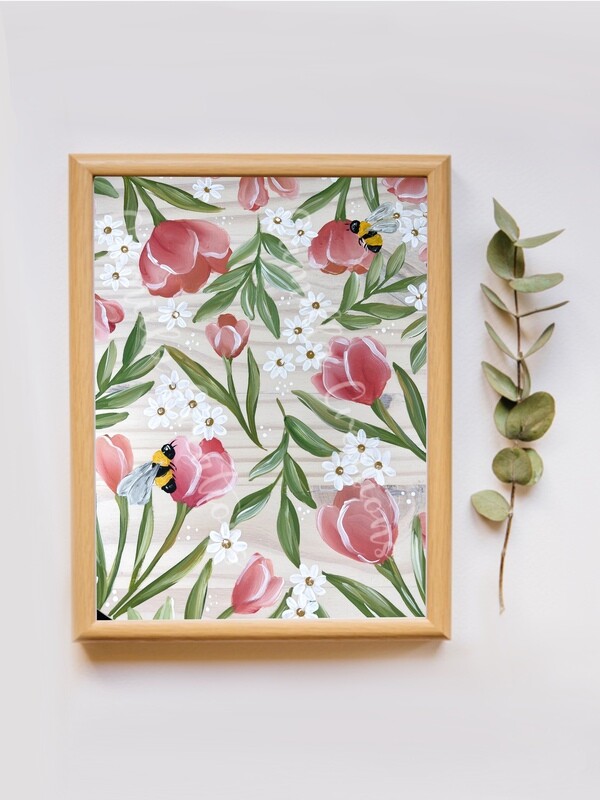 #98 Pink Tulip Bee Floral Print