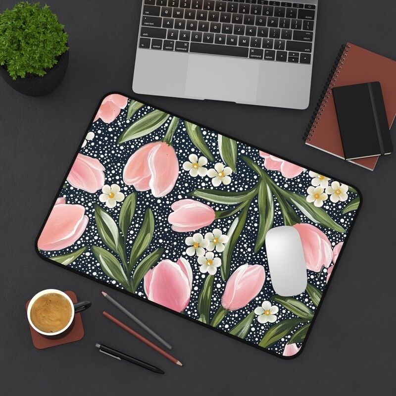 #5 Dotted Coral + Navy Tulips Desk Mat (3 sizes)