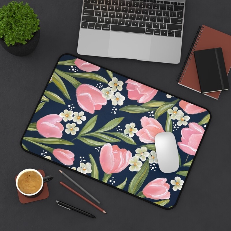 #6 Coral + Navy Tulip Desk Mat (3 sizes)