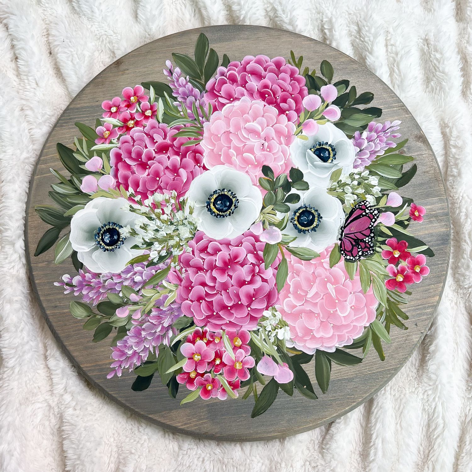 #7 Hydrangea + Anemone Bouquet 15" Lazy Susan/Wall Sign
