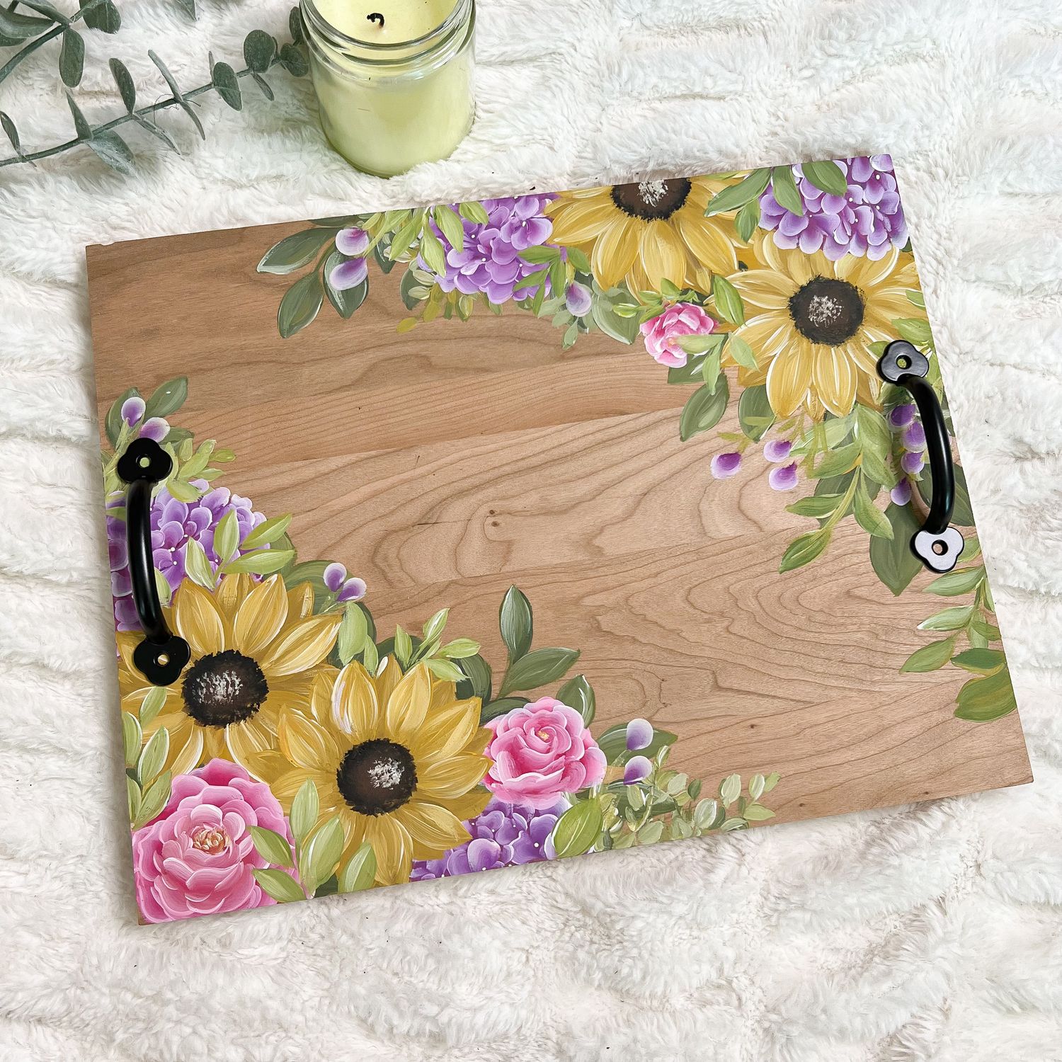 Sunflower Floral Cherry Wood Tray