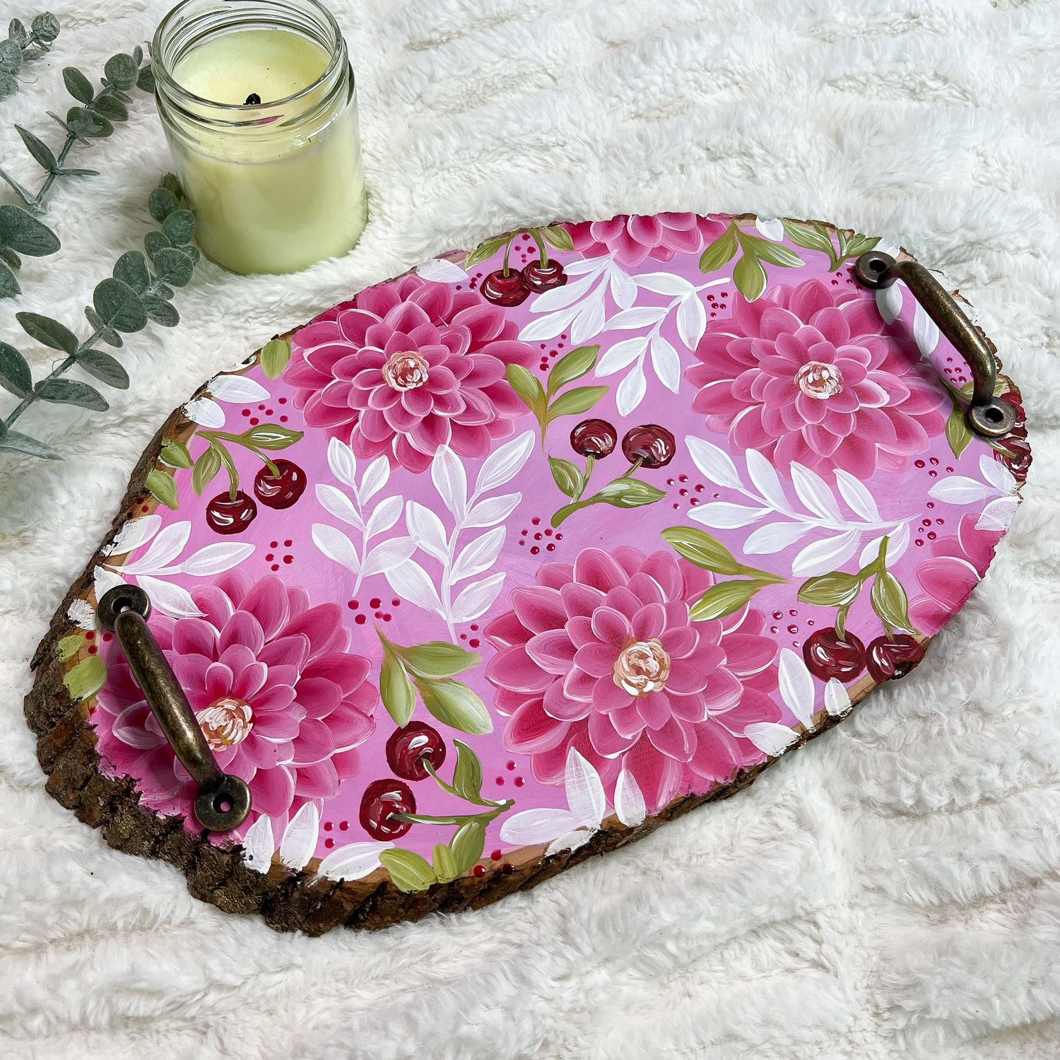 Cherry + Pink Dahlia Oval Wood Tray Cherry + Pink Dahlia Oval Wood Tray