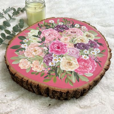 2" Thick Pink Bouquet Large Wood Slice / Lazy Susan