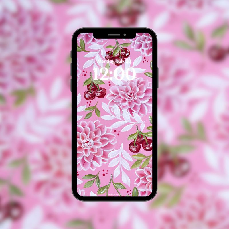#74 Pink Dahlia + Cherry Background/Wallpaper #74 Pink Dahlia + Cherry Background/Wallpaper