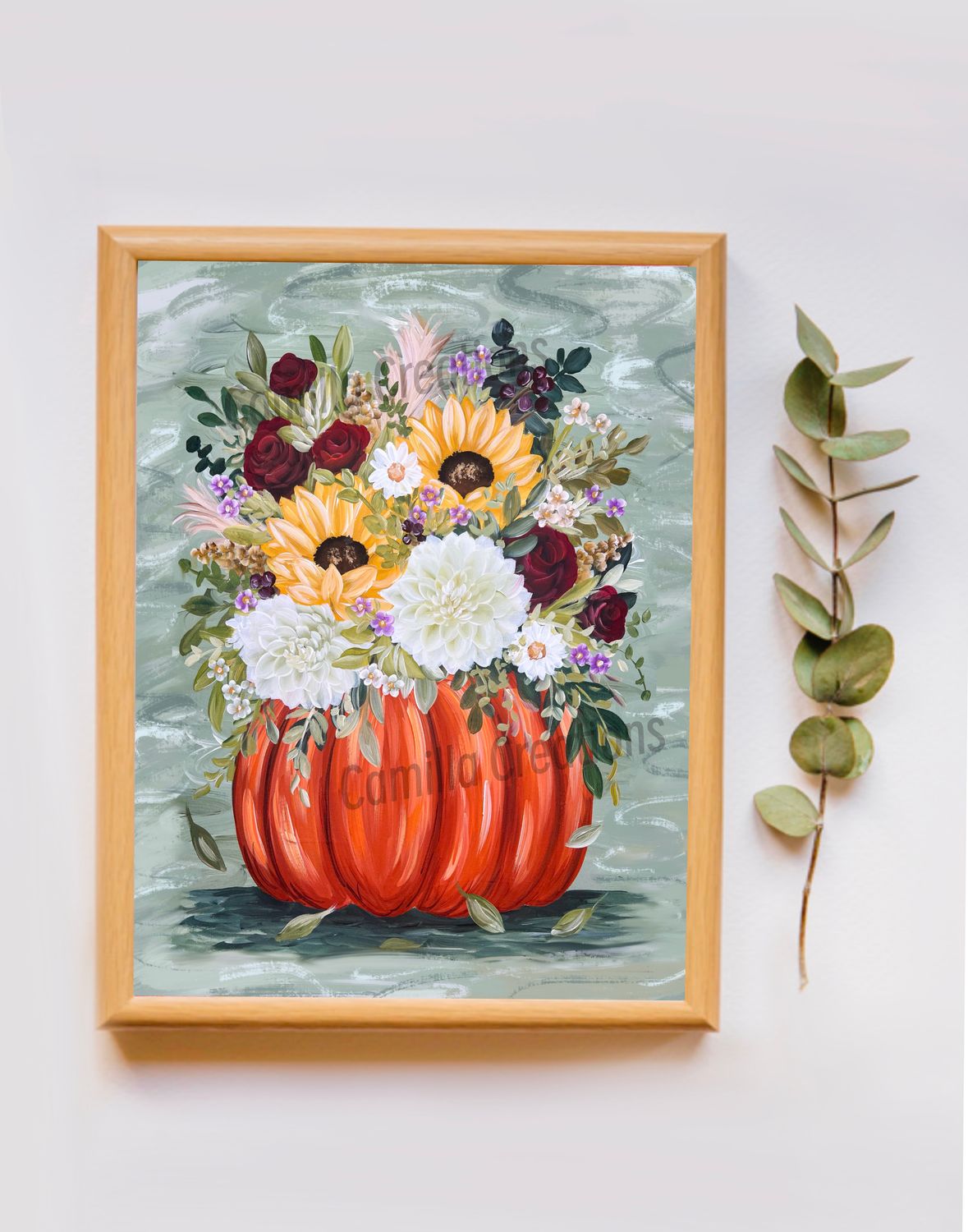 #112 Green Pumpkin Vase Floral Print