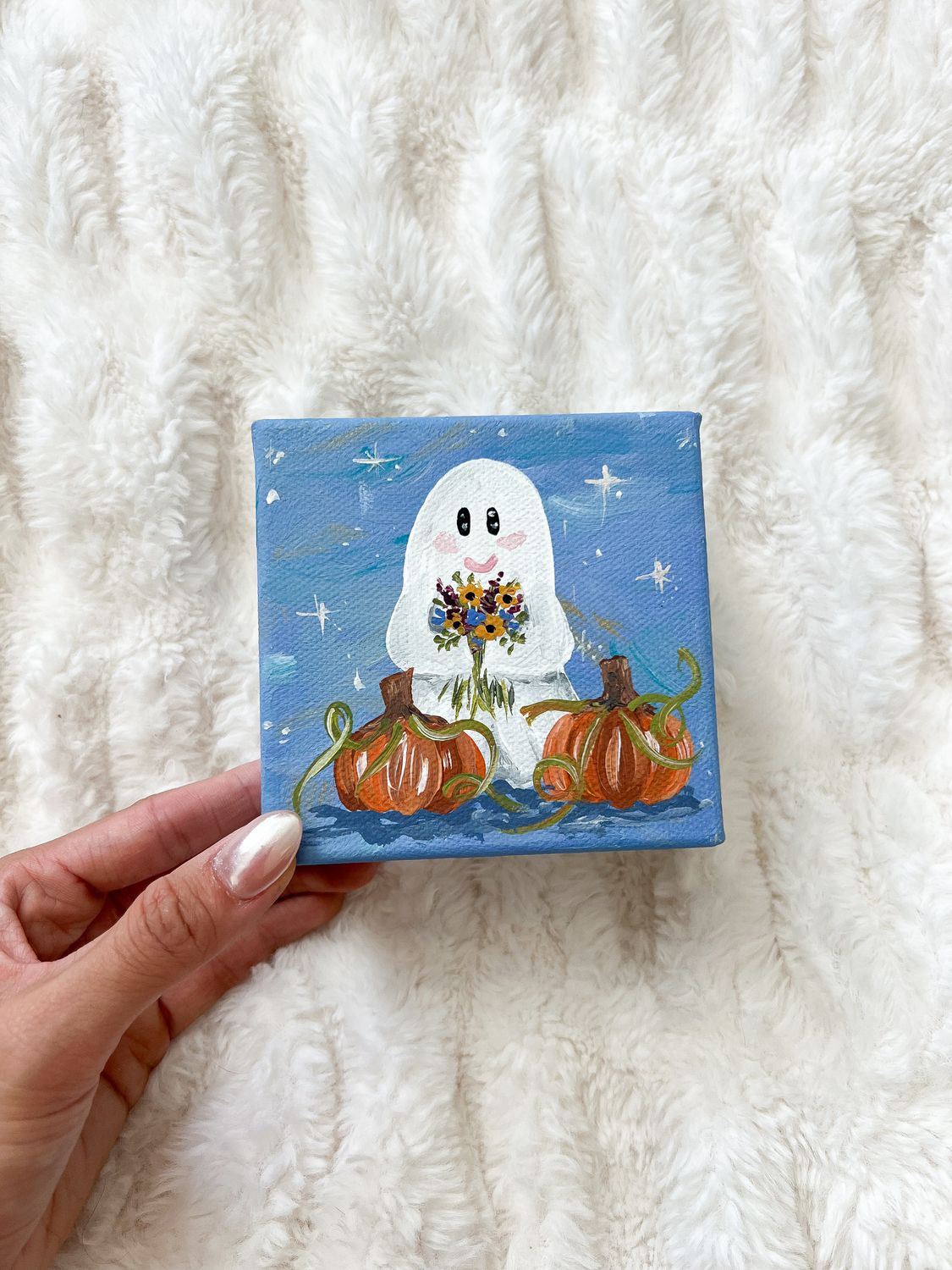 4x4" Black &amp; White Ghost Hand Painted Canvas