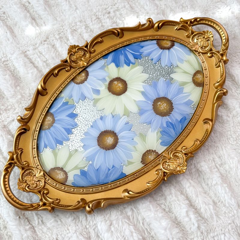 #13 Gold Oval Vintage Mirror Tray *Blue Daisy*