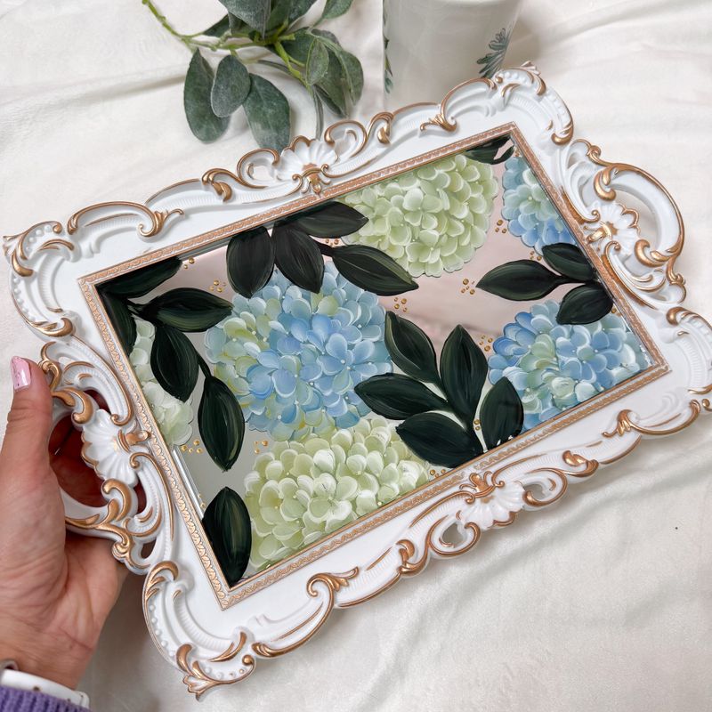 #1 Blue &amp; White Hydrangea - White Rectangle Vintage Mirror Tray