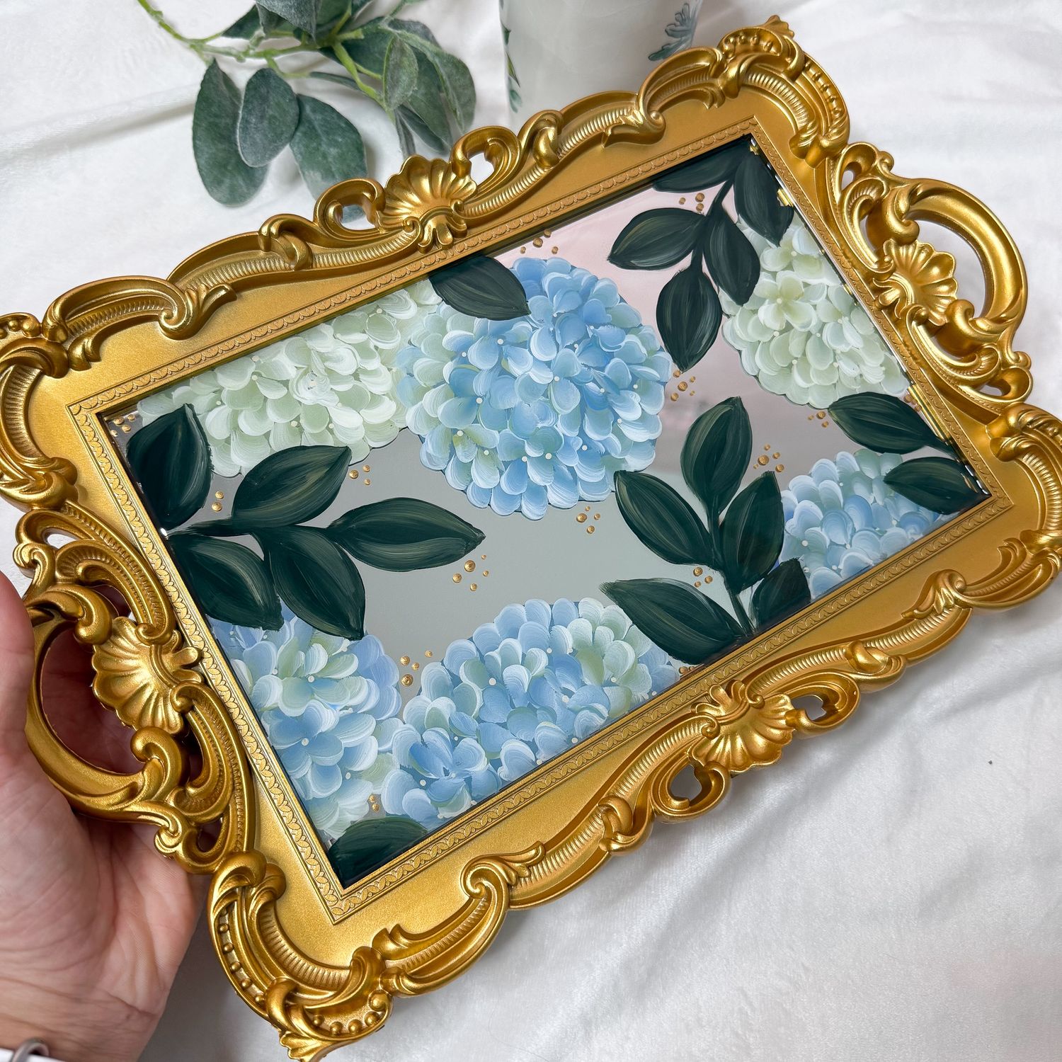 #2 Blue & White Hydrangea - Gold Rectangle Vintage Mirror Tray #2 Blue & White Hydrangea - Gold Rectangle Vintage Mirror Tray