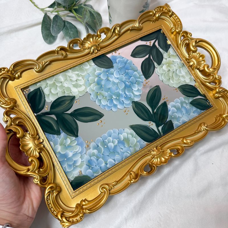#2 Blue &amp; White Hydrangea - Gold Rectangle Vintage Mirror Tray