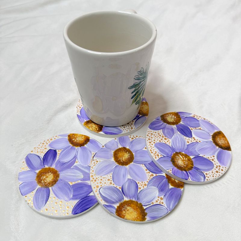 Purple Flowers Hand Painted Ceramic Coasters - Set of 4
