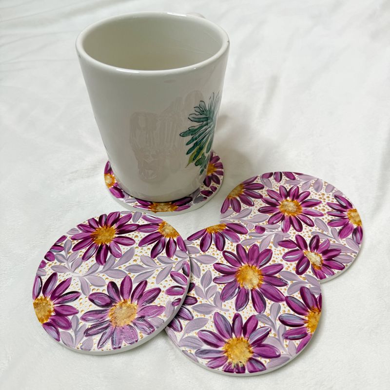 Purple Daisy Hand Painted Ceramic Coasters - Set of 4
