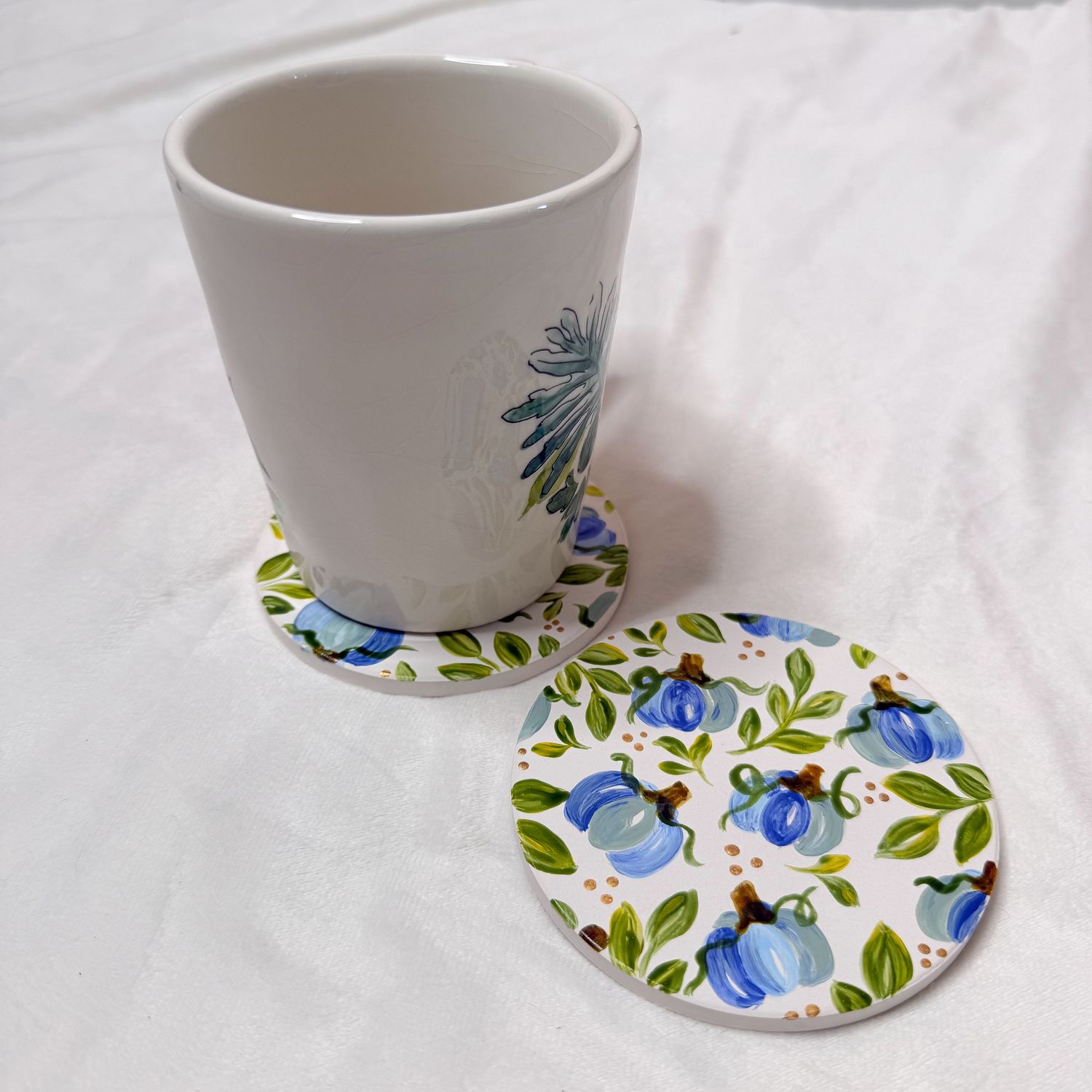 Blue Pumpkin Hand Painted Ceramic Coasters - Set of 2 Blue Pumpkin Hand Painted Ceramic Coasters - Set of 2