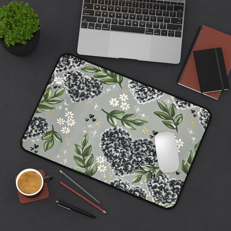 BLACK Hydrangea Heart Nonslip Desk Mat (3 sizes)