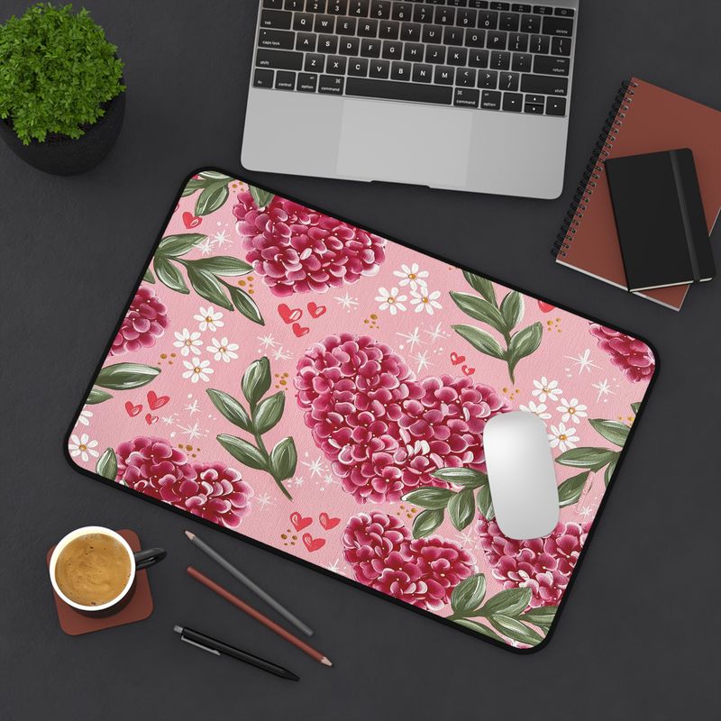 PINK Hydrangea Heart Nonslip Desk Mat (3 sizes)