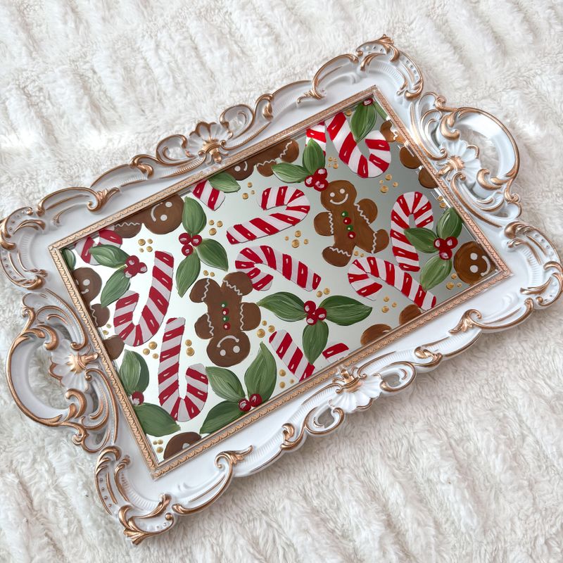 White Rectangle Vintage Mirror Tray *Gingerbread Man*- MADE TO ORDER