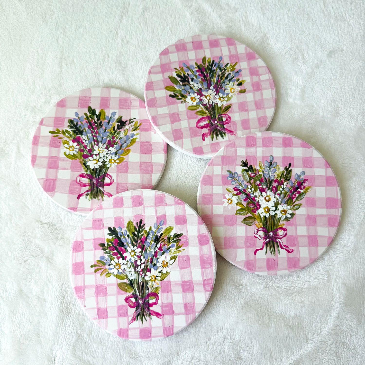 Hand Painted Ceramic Coasters - Set of 4 - Pink Gingham Cottage Core