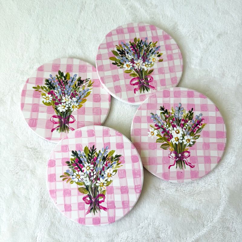 Hand Painted Ceramic Coasters - Set of 4 - Pink Gingham Cottage Core