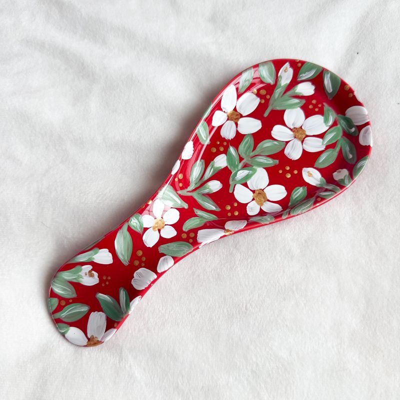 #4 Porcelain Spoon Rest - White Flowers