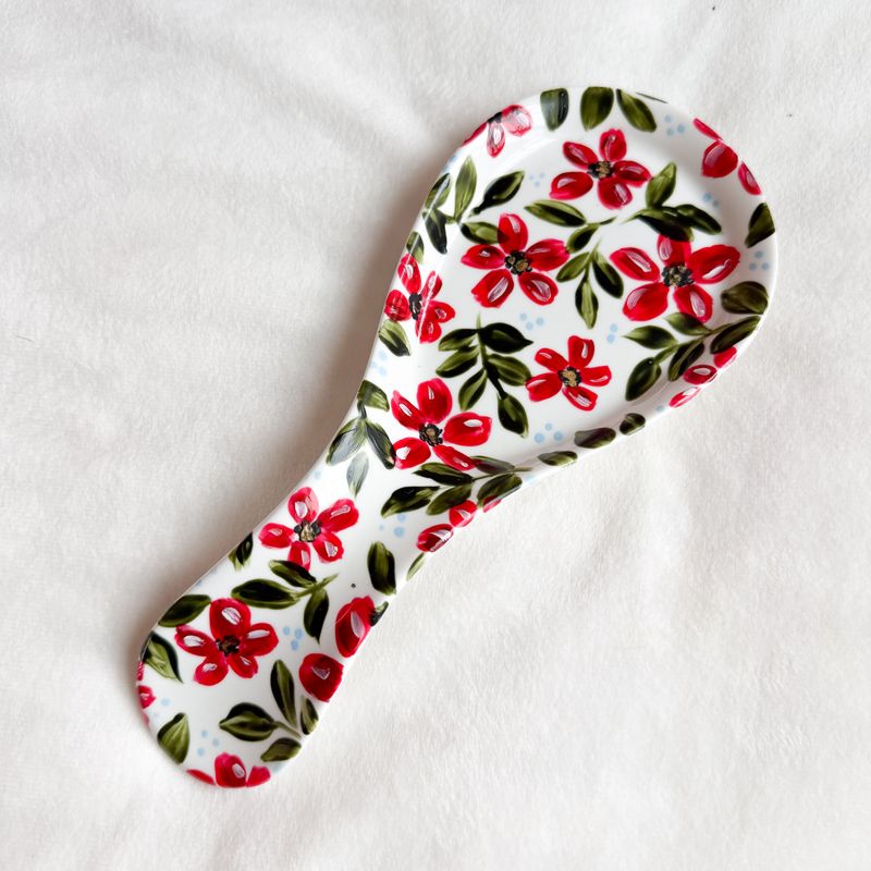 #3 Porcelain Spoon Rest - Red Flowers