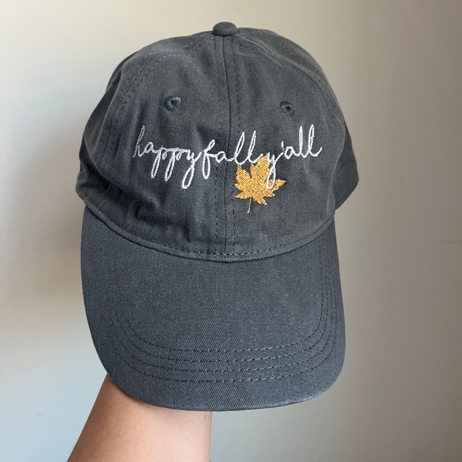 HAPPY FALL Y’ALL White Embroidered Hat - Dark Gray