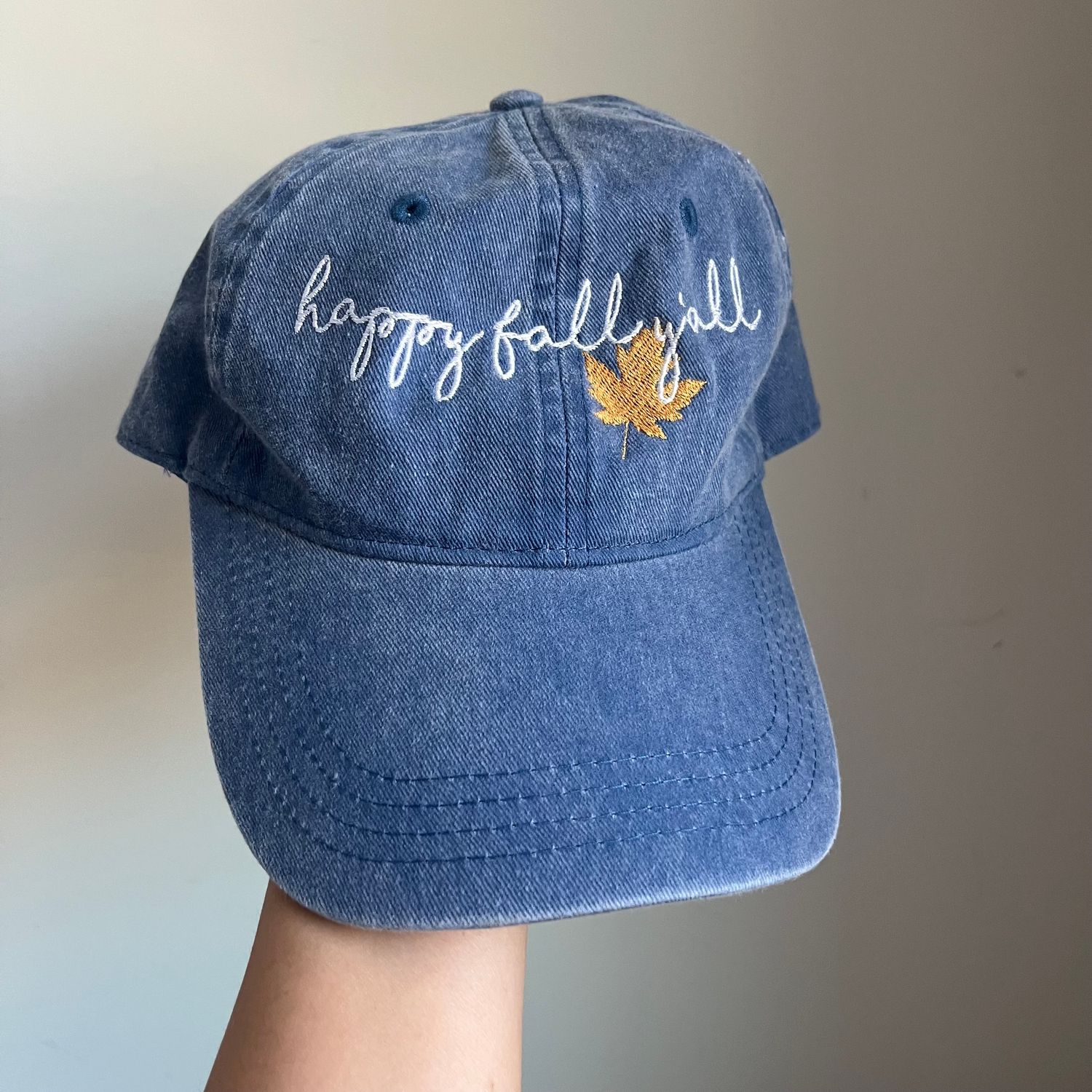 HAPPY FALL Y’ALL White Embroidered Hat - Denim Blue HAPPY FALL Y’ALL White Embroidered Hat - Denim Blue