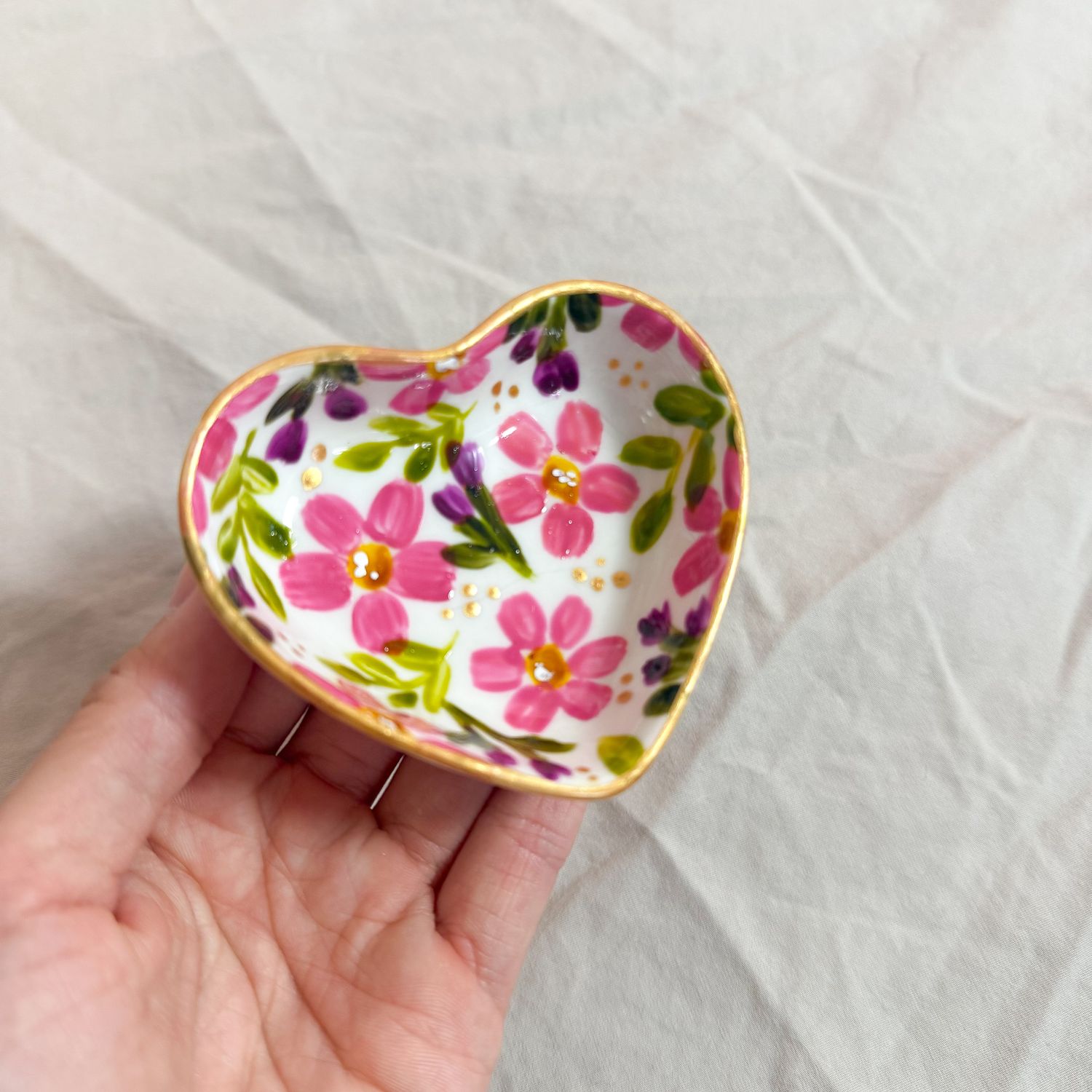 Pink Floral Hand-painted Heart Jewelry Dish