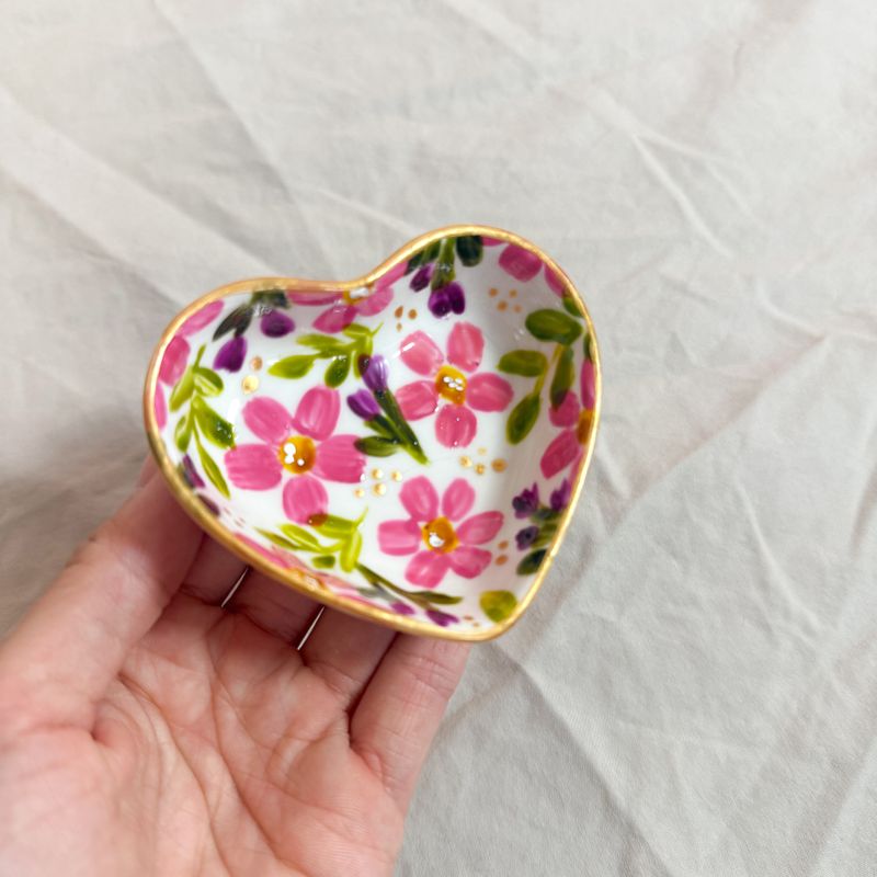 Pink Floral Hand-painted Heart Jewelry Dish