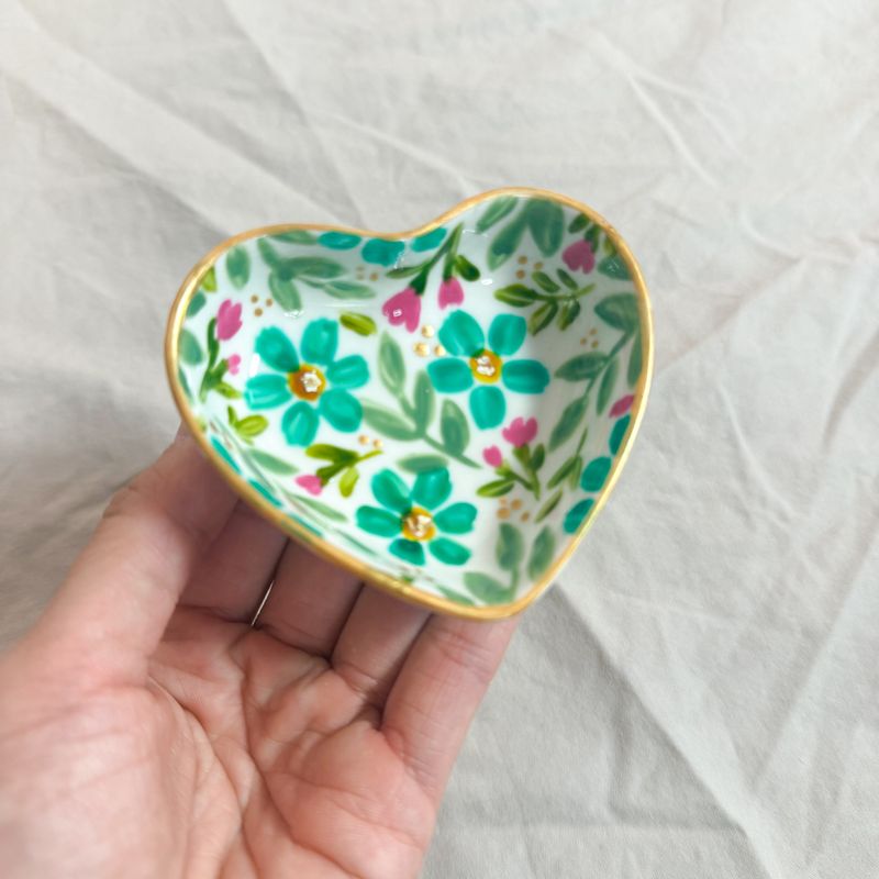 Pink Floral Hand-painted Heart Jewelry Dish