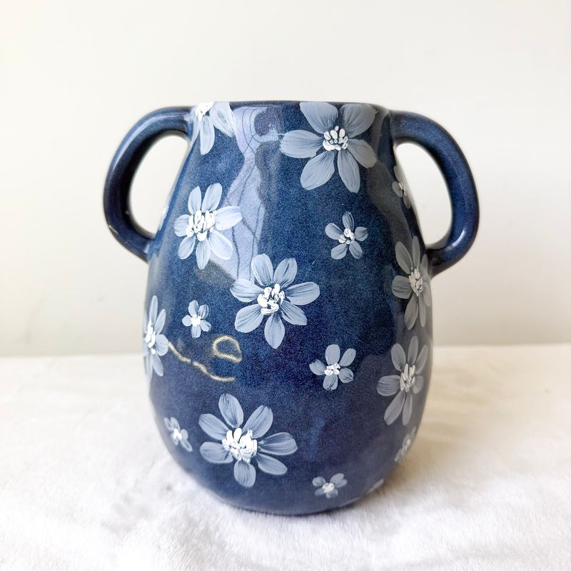 Hand Painted 7" Ceramic Vase - Navy Blue Floral