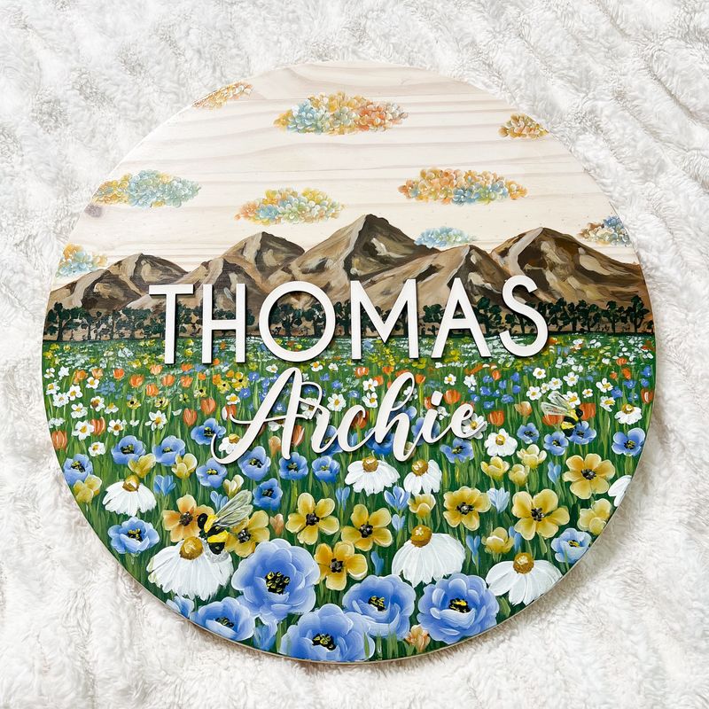 18" CUSTOM Mountain Meadow Round Wood Sign (Nursery Option) 18" CUSTOM Mountain Meadow Round Wood Sign (Nursery Option)