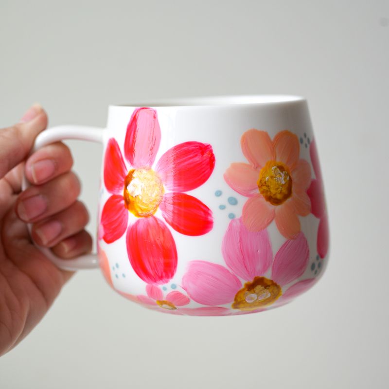 #5 Hand-Painted 16 oz White Mug - Peachy Flowers