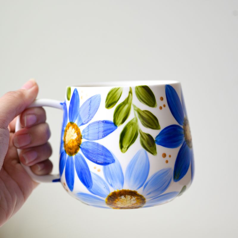 #7 Hand-Painted 16 oz White Mug - Blue Flowers