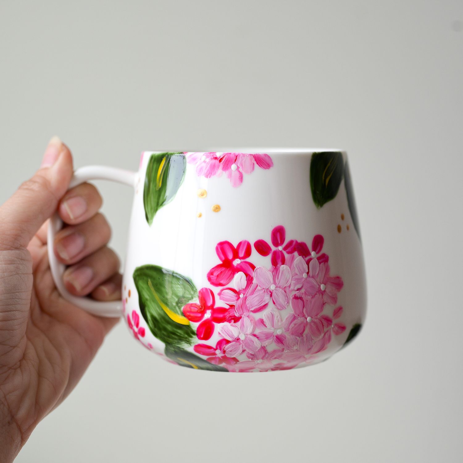 #16 Hand-Painted 16 oz White Mug - Pink Hydrangea