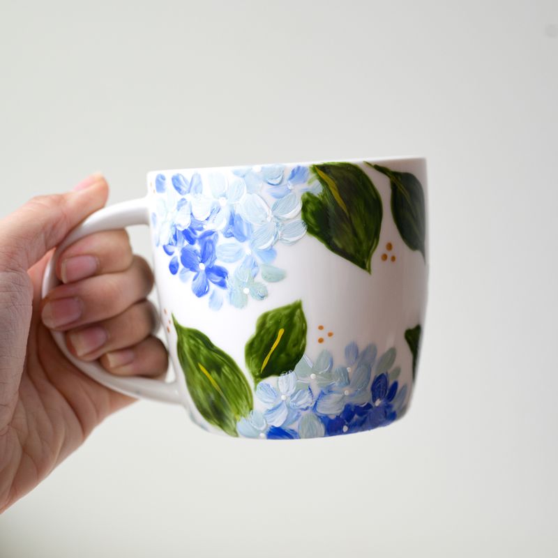 #17 Hand-Painted 14 oz White Mug - Blue Hydrangea