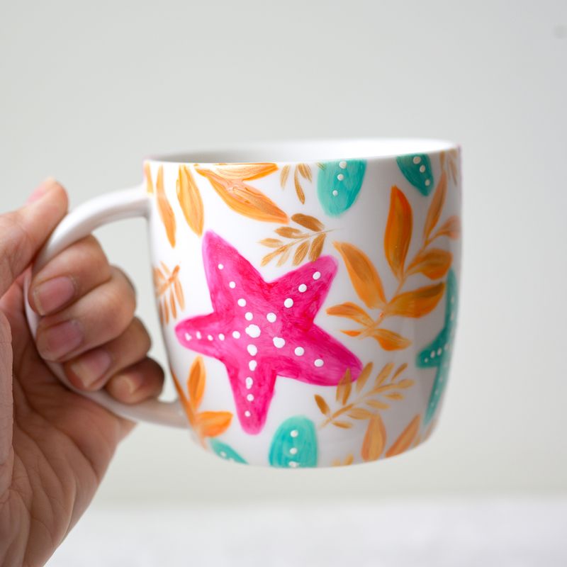 #1 Hand-Painted 14 oz White Mug - Vibrant Starfish