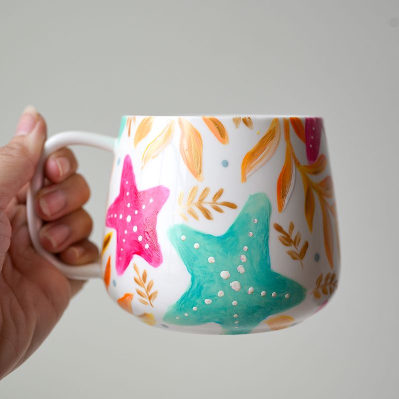 #2 Hand-Painted 16 oz White Mug - Vibrant Starfish