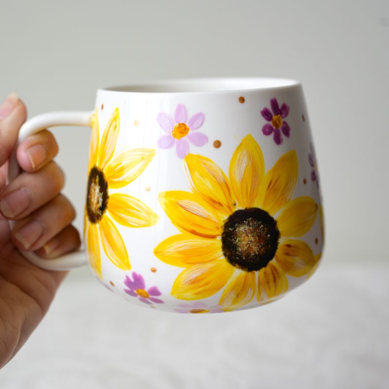 #4 Hand-Painted 16 oz White Mug - Sunflower #4 Hand-Painted 16 oz White Mug - Sunflower