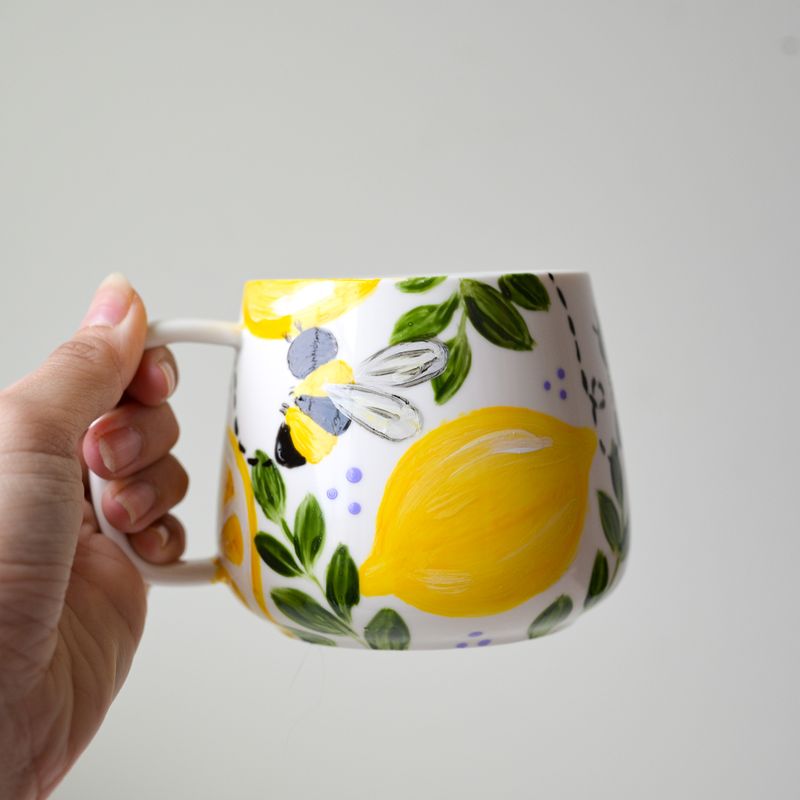 #9 Hand-Painted 16 oz White Mug - Bees &amp; Lemons