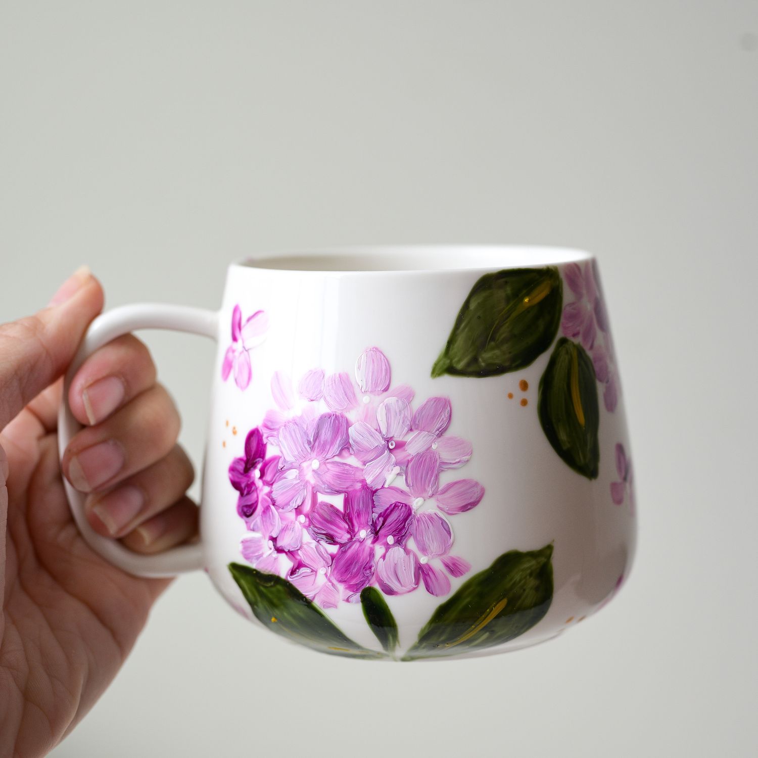 #11 Hand-Painted 16 oz White Mug - Purple Hydrangea