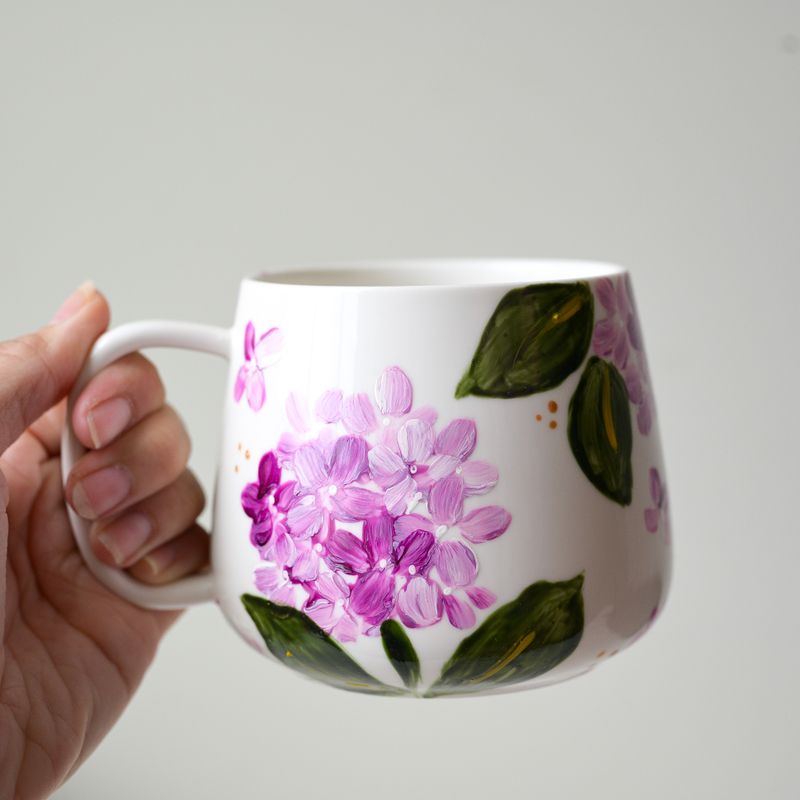 #11 Hand-Painted 16 oz White Mug - Purple Hydrangea