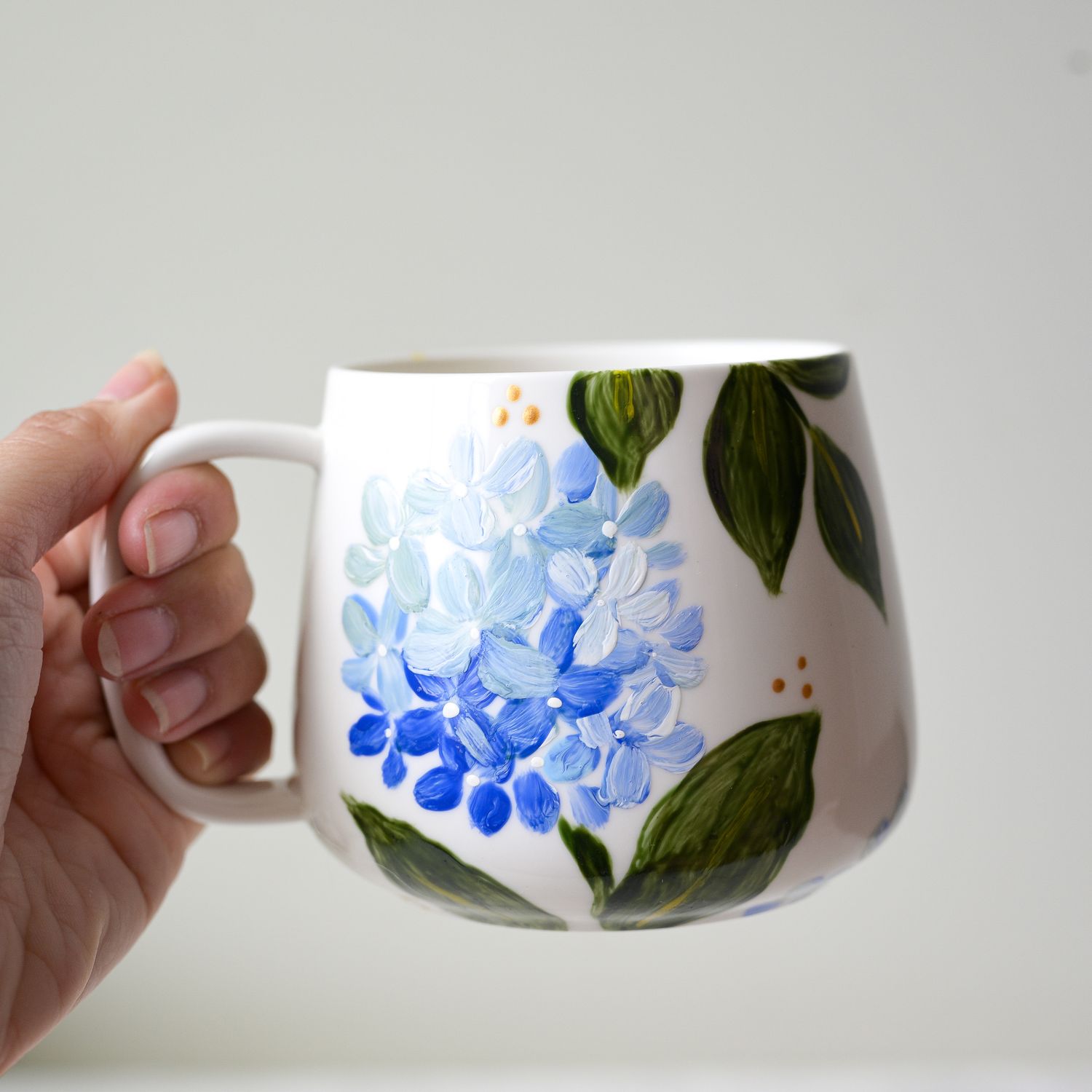 #13 Hand-Painted 16 oz White Mug - Blue Hydrangea