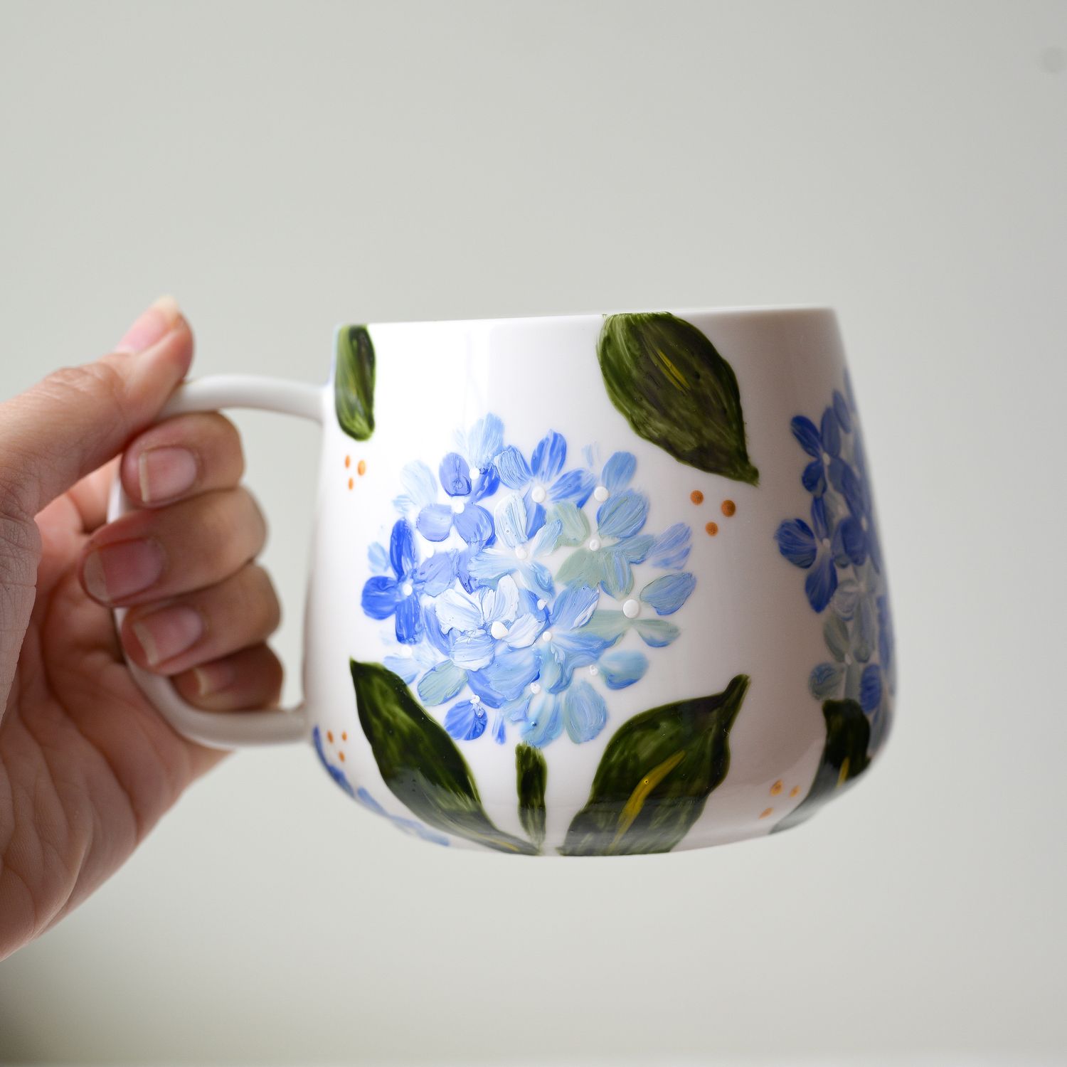 #14 Hand-Painted 16 oz White Mug - Blue Hydrangea