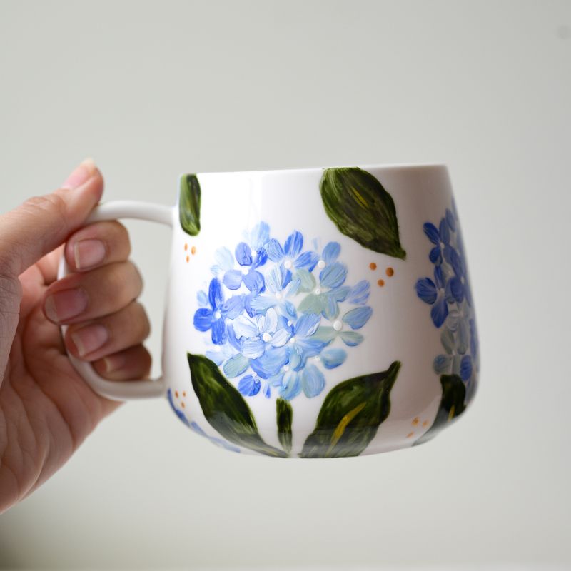 #14 Hand-Painted 16 oz White Mug - Blue Hydrangea