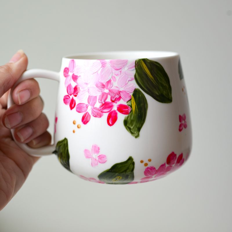 #15 Hand-Painted 16 oz White Mug - Pink Hydrangea #15 Hand-Painted 16 oz White Mug - Pink Hydrangea