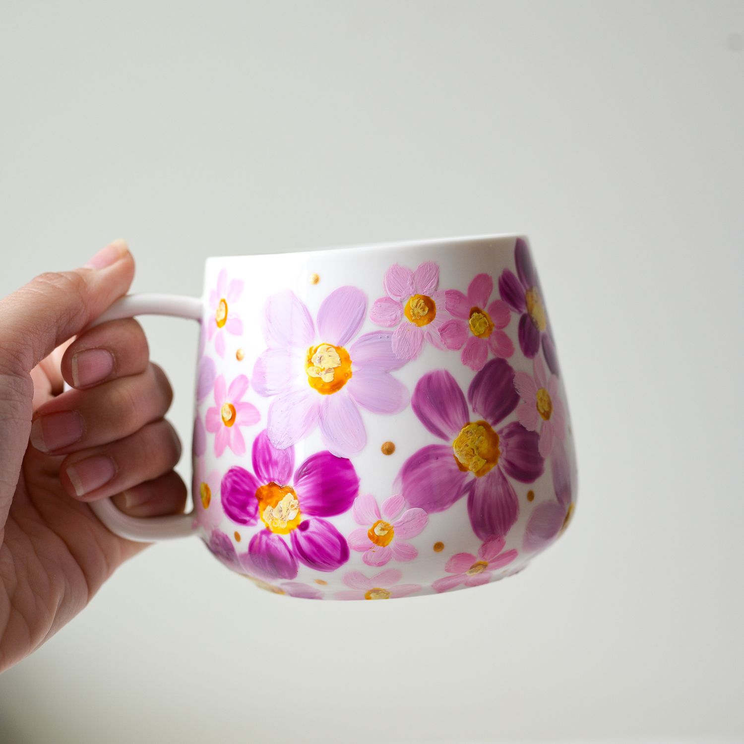 #18 Hand-Painted 16 oz White Mug - Purple Daisy #18 Hand-Painted 16 oz White Mug - Purple Daisy